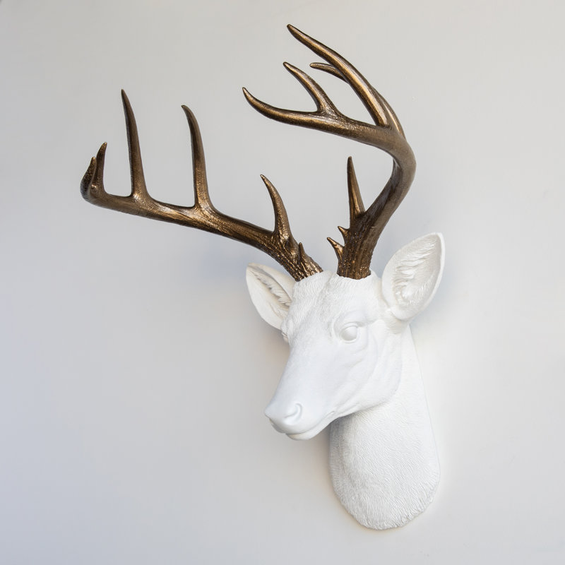 Grande décoration murale fausse tête de cerf naturalisée, Blanc, bronze
