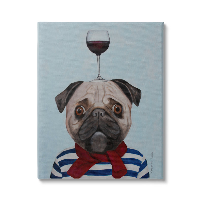Carlin portant un ensemble de verres à vin Mime par Coco de Paris - Peinture, H 40 po x l 30 po x P 1,5 po, Toile tendue