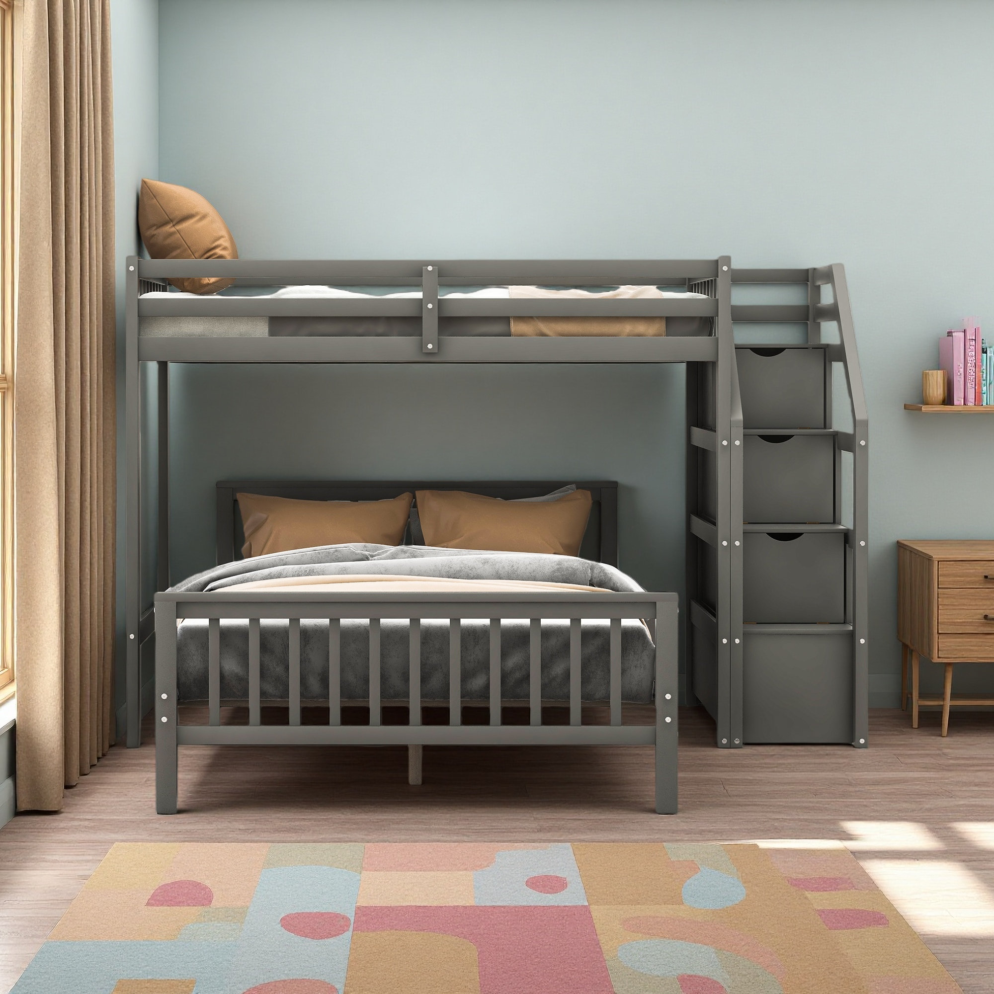 Harriet Bee Twin Over Full Loft Bed With Staircase | Wayfair