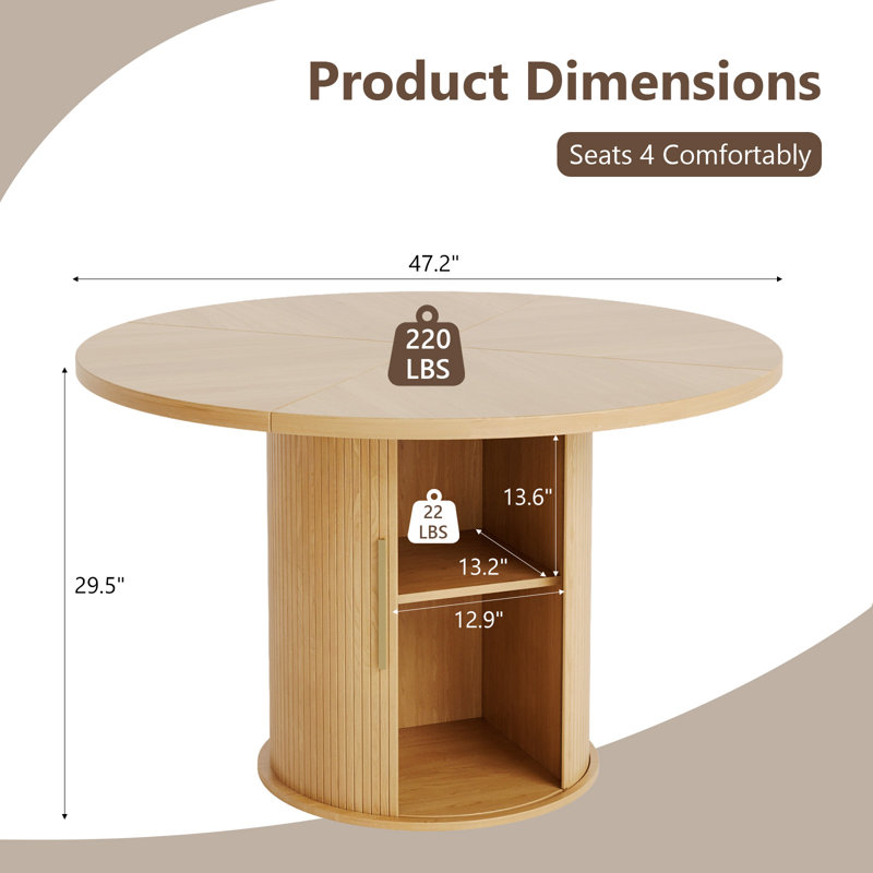 Table de salle à manger à piédestal 47,2 po avec base cannelée et rangement enroulable, Beige