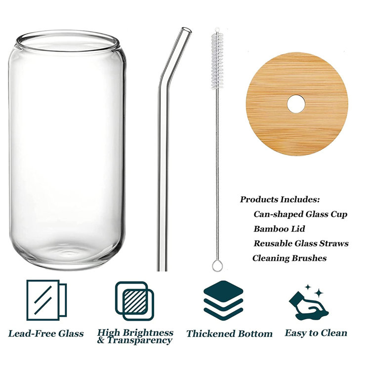 Can Shaped Glass with Reusable Bamboo Lid & Stainless Steel