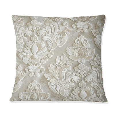 White Damask Flower Glamour Print III - Transitional Throw Pillow