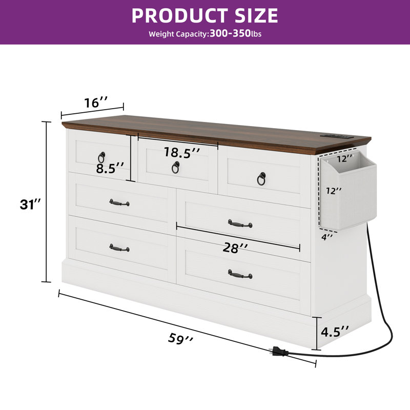 Farmhouse 7 Drawers Dresser Rustic Storage Dressers Organizer Chest Of Drawers With Power Outlet For Bedroom Living Room Hallway