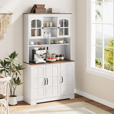 Tall Kitchen Pantry Cabinet with Glass Doors and Hutch, 70.9'' Storage, Built-in Charging Station, Dining Room Wine Rack & Cupboard - Modern White and Brown