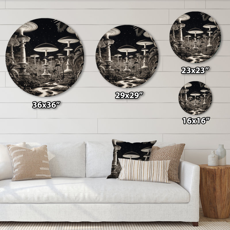 Enigmatique champignon magique en noir et blanc - horloge murale paysage abstrait, Petit