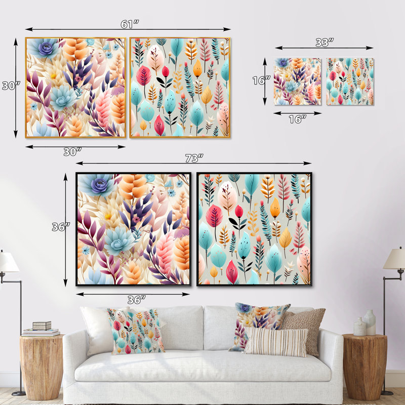 Douglasville - Ensemble de 2 collages carrés botaniques abstraits, H 36 po x l 73 po, Cadre flottant brun