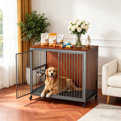 Cage pour chien robuste 41,3 "avec 4 roues verrouillables et plateau pour l'intérieur