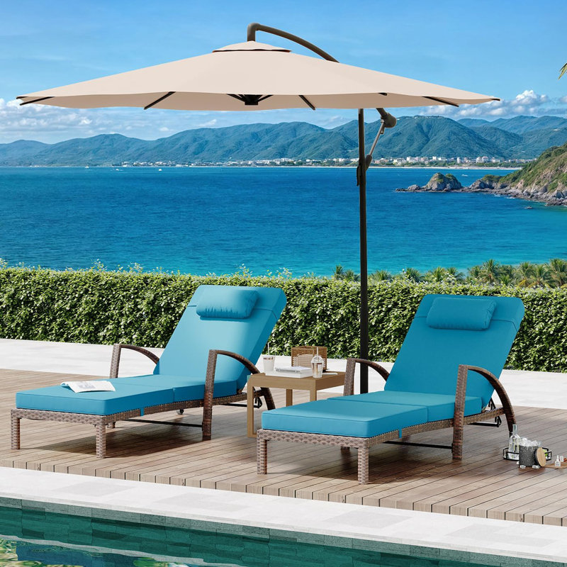 Ensemble 2 pièces de chaise longue pliante en rotin, dossier réglable avec coussin et oreiller, utilisation à l'extérieur au bord de la piscine