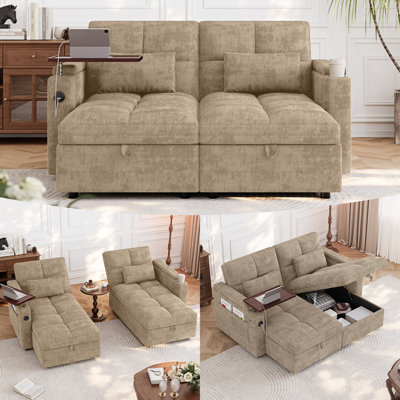 60'' Modular Chenille Convertible Sleeper Sofa with Double Storage Chaise and 5-Position Adjustable Backrest