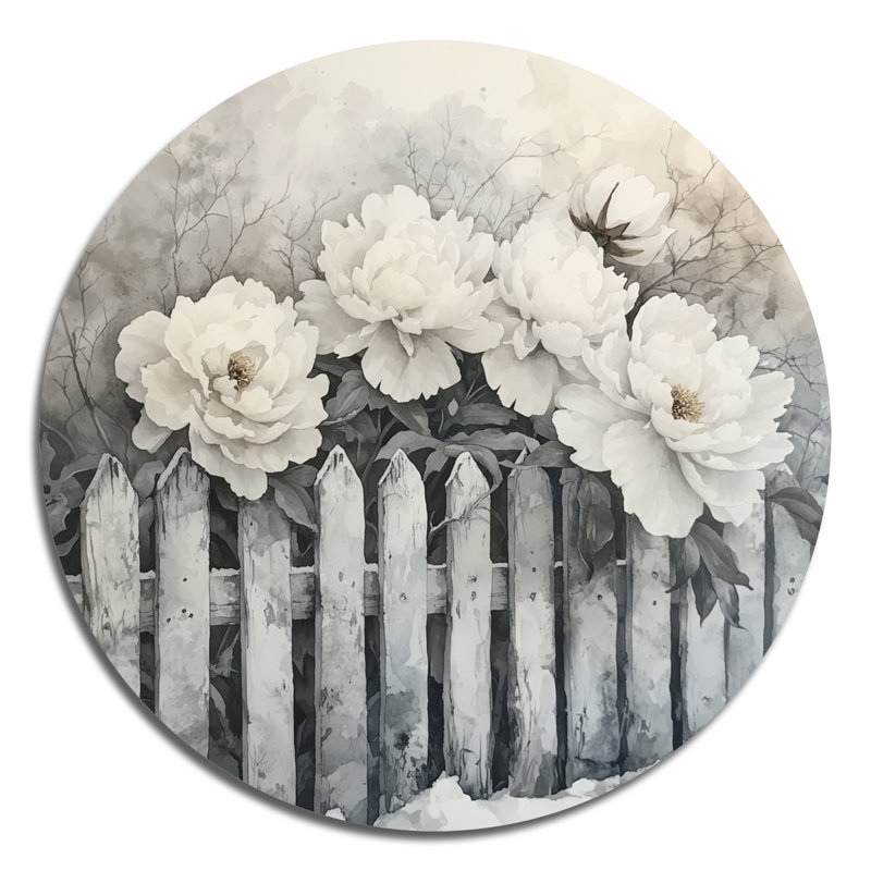 Pivoines d'hiver par la clôture enneigée II - pivoines rondes, décoration murale en métal, H 16 po x l 16 po
