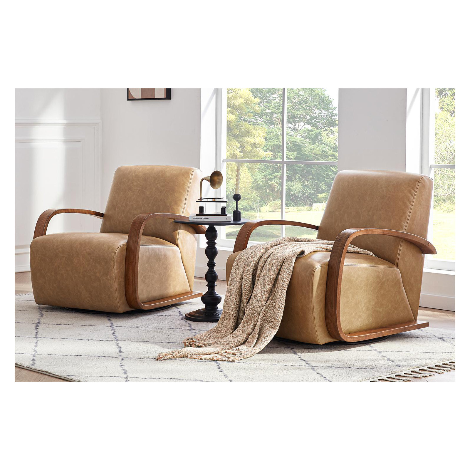 Brehana Swivel Armchair, Hearth Walnut, Cognac Pebbled Vegan Leather