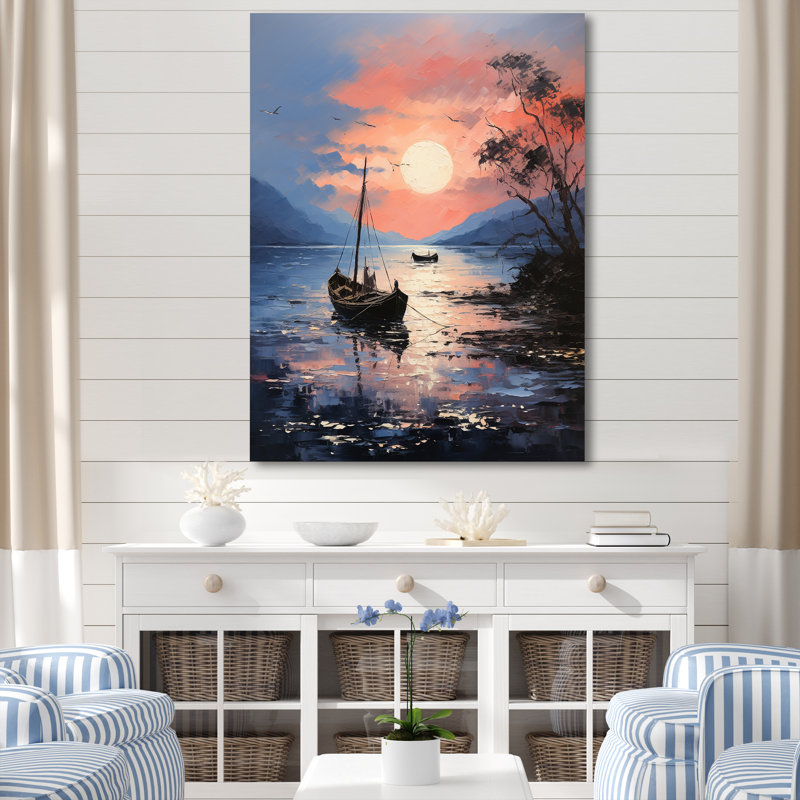 «Lake Fishers Boat Twilight I» - art mural bateau côtier, Toile tendue, H 32 po x l 24 po x P 1 po