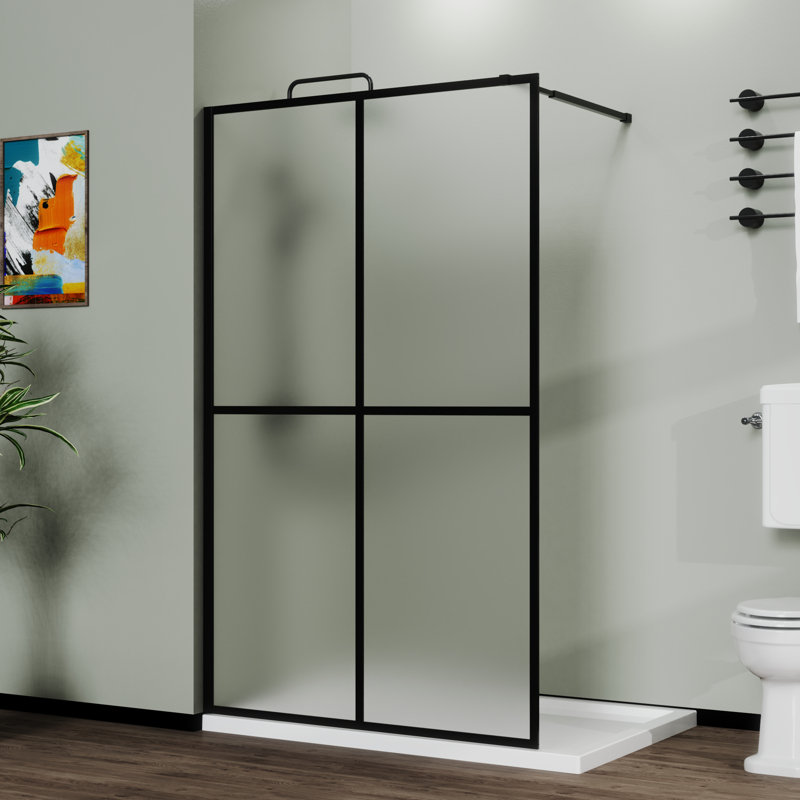 34" X 72" Shower Screen For Walk-In - Frosted Tempered Glass, Black Frame Strap Glass Door Paint Mount