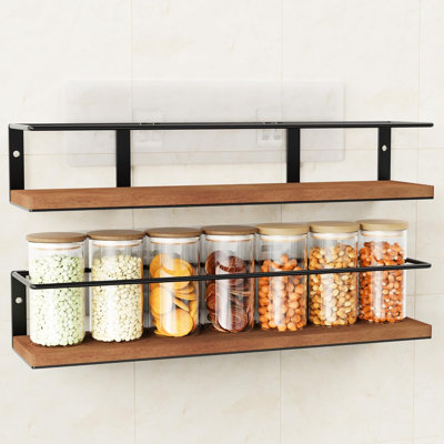 Étagère à épices auto-adhésive ou perceuse, étagère à épices suspendue de style rustique, porte-épices pour porte d'armoire ou fixation murale, au-dessus du poêle, mur de cuisine, paquet de 2