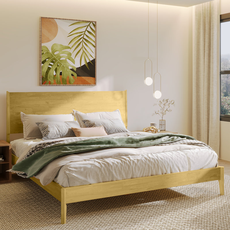 Structure de lit grand en bois massif avec tête de lit, lit plateforme scandinave d'une capacité de 800 lb, finition chêne naturel, antidérapant et silencieux, aucun sommier tapissier nécessaire