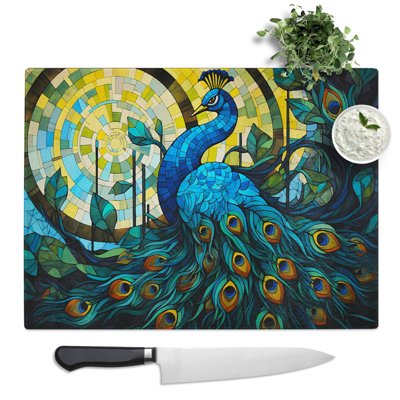 Peacock Geometric No.2  Glass Chopping Board