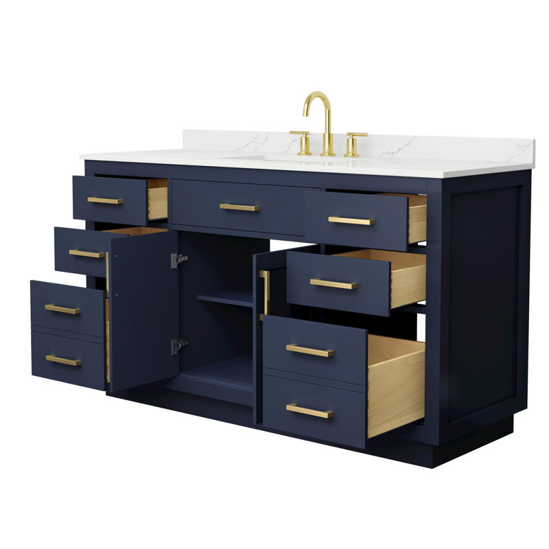 Beckett TK 60'' Single Bathroom Vanity with Quartz Top, Brushed Nickel, 8" Center, Blue