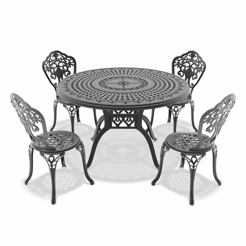 5-Piece Set Of All-Weather Cast Aluminum Dining Furniture Set With Black Frame For Patio Garden Backyard, 4