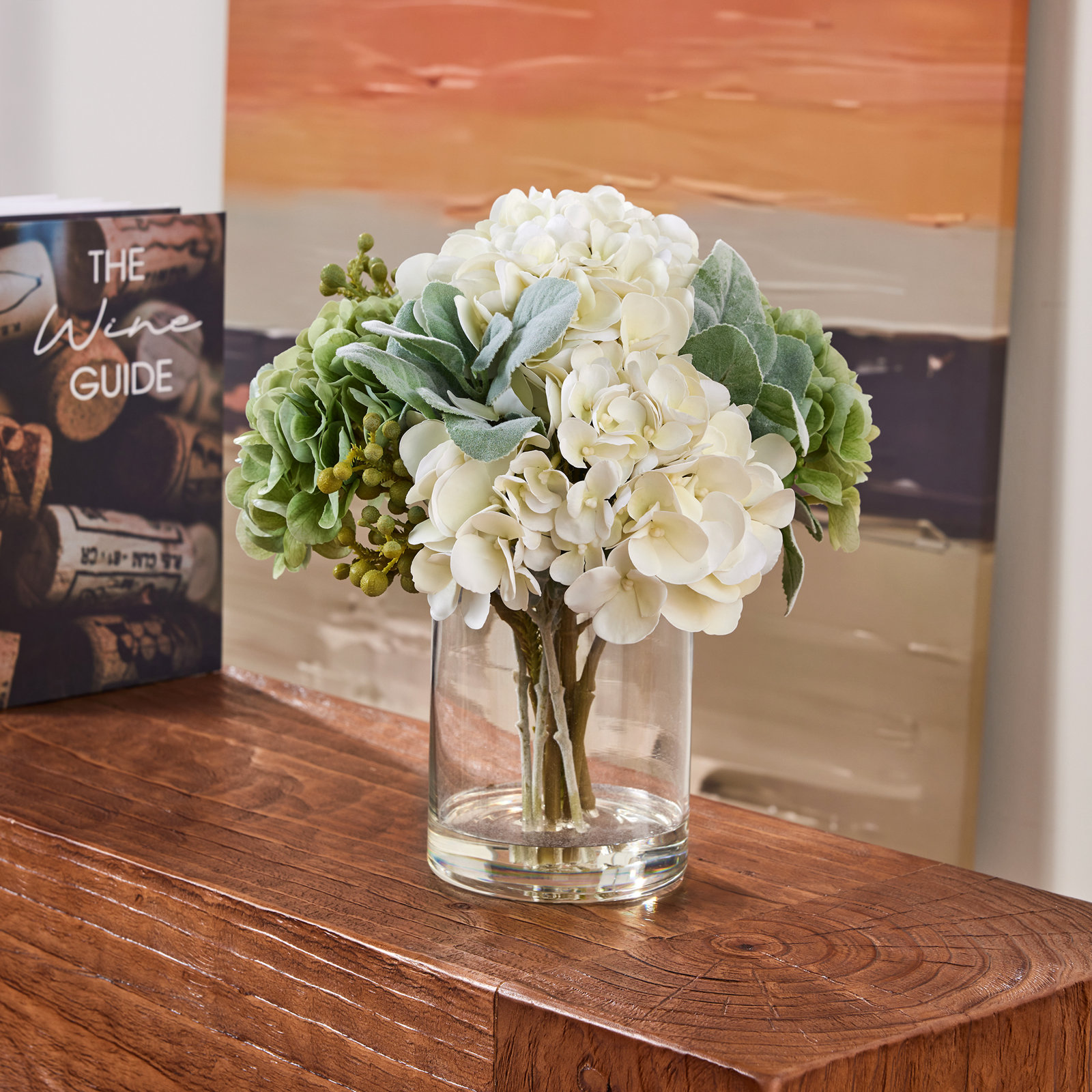 Artificial Hydrangea Floral Arrangement In Clear Glass Vase With Realistic Faux Water - Handcrafted Silk Flower Centerpiece, 12" Tall (Available In Classic White Or Mixed Greenery & Berry Styles)