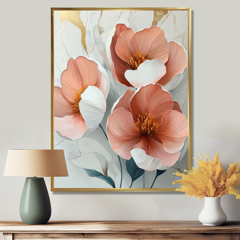 Blanc et corail, pivoines élégance III - pivoines, impressions sur toile, Reproduction avec cadre flottant, H 44 po x l 34 po