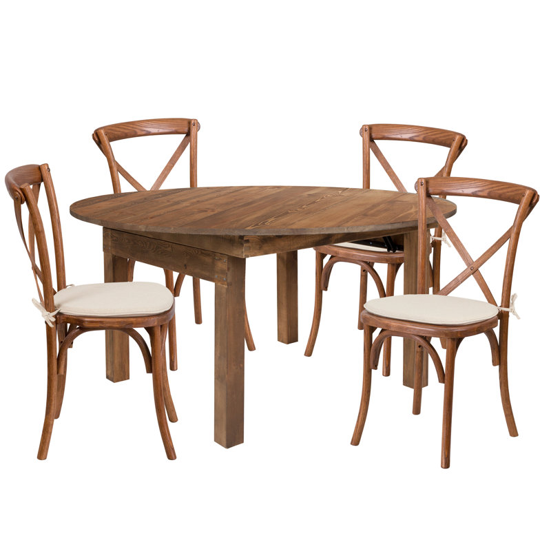 Elynna 60" Round Solid Pine Folding Farm Dining Table Set with 4 Cross Back Chairs