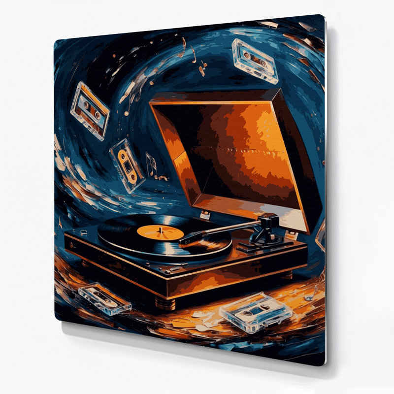Art mural en métal gris, tourne-disque et cassettes, H 8 po x l 8 po