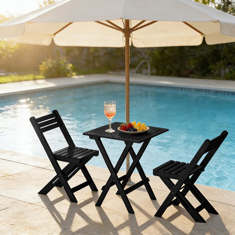 3-Piece Folding Solid Wood  Patio Dining Set, Black