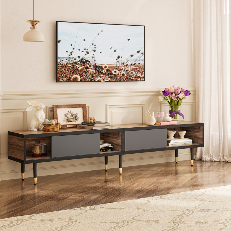 Kruszewski 80" Corner TV Stand with Media Console for TVs up to 85" For Living Room, with Storage, Oak Wood
