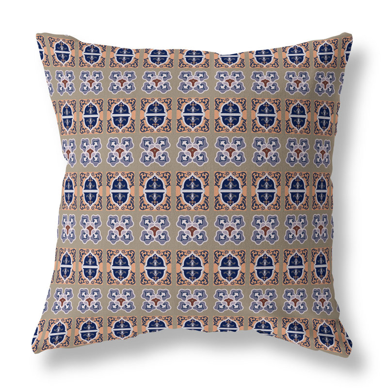 Coussin décoratif réversible intérieur / extérieur Darbari Dynasty, Bleu / noisette, H 26 po x l 26 po