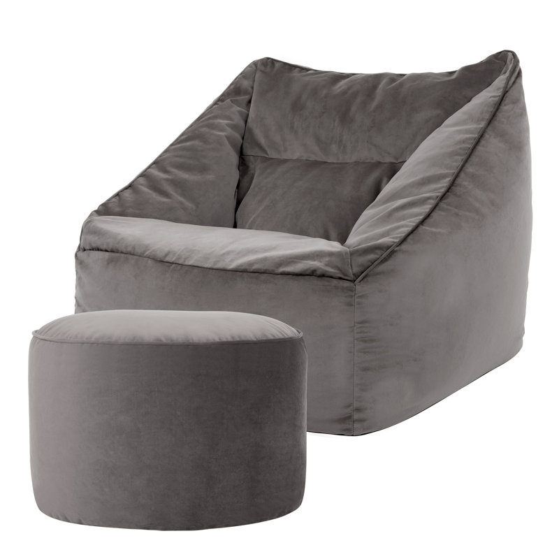 Natalia Velvet Armchair Bean Bag and Round Footstool, Charcoal Grey