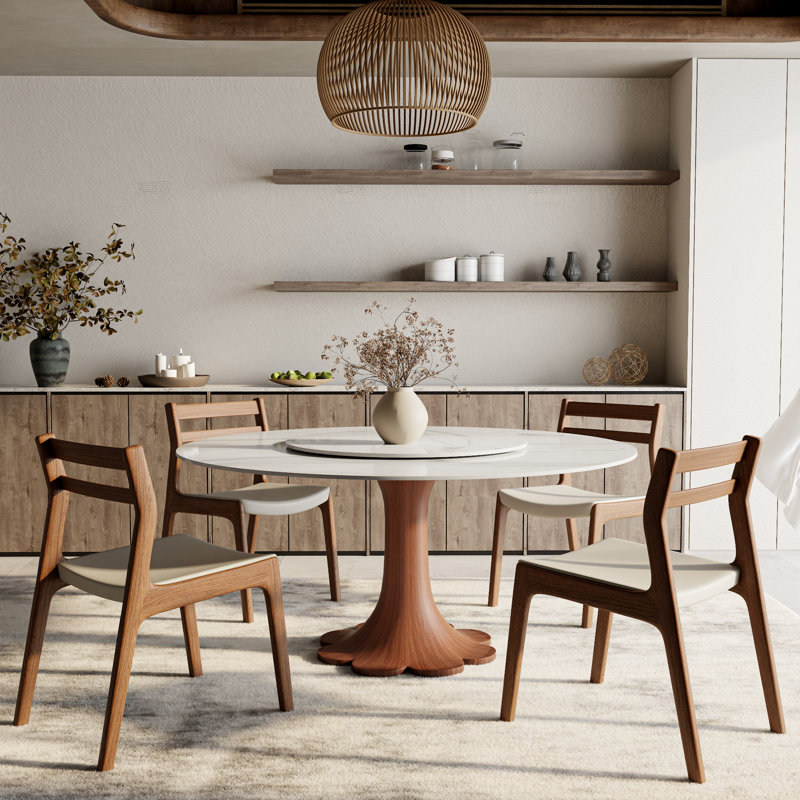 Round Stone Top With 360° Circular Rotating Lazy Susan Solid Wood Base Dining Table For 6-10, 29.52"H x 53.15"W x 53.15"L