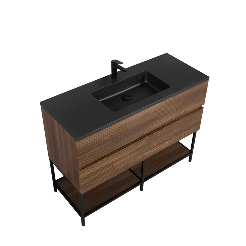 Abrem 48 po L x 19 po P 2 tiroirs Meuble-lavabo autoportant avec évier simple et Comptoir en Quartz noir d'ingénierie