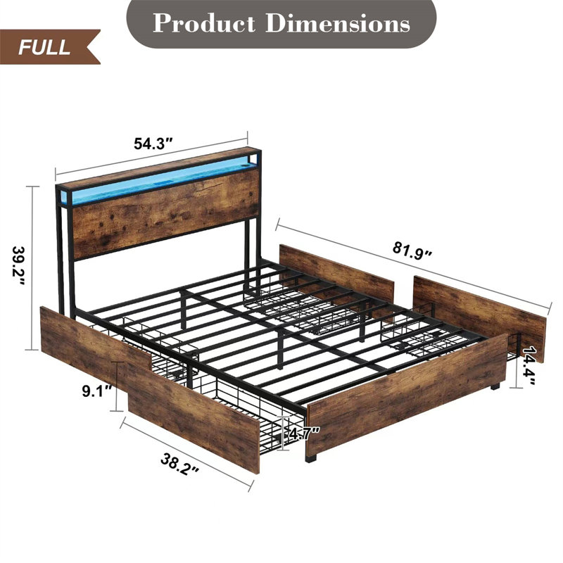 LED Bed Frame With Drawers,Headboard And Charging Station, Full, Brown