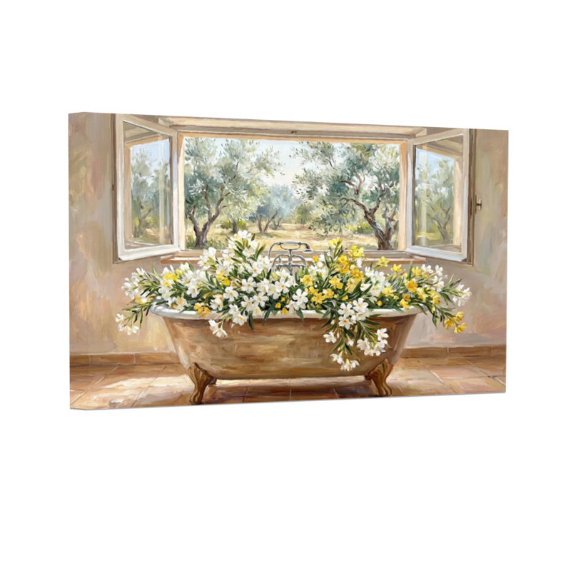 Baignoire avec fleurs et fenêtre ouverte, H 12 po x l 18 po, Grain de bois clair, Cadre photo unique