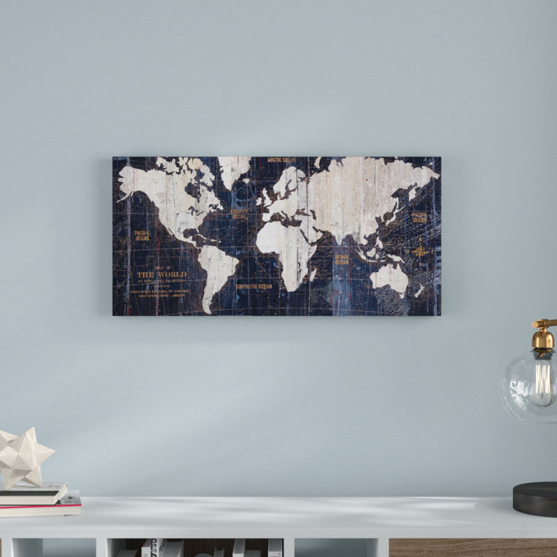 Vieille mappemonde bleue, impression sur toile tendue, H 16 po x l 32 po