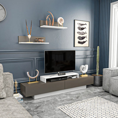 Modern TV Unit with Wall Shelves (3 Pieces), White & Brown, 70.9 x 12.2 x 15.7 inches | 100% Melamine Coated Particle Board, Thickness: 0.7 inches | Stylish Design for Living Room & Entertainment Spaces, Durable and Functional