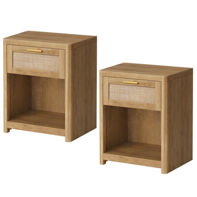  Ensemble de table de chevet 19 po avec tiroir en rotin et tablette ouverte l 19 po