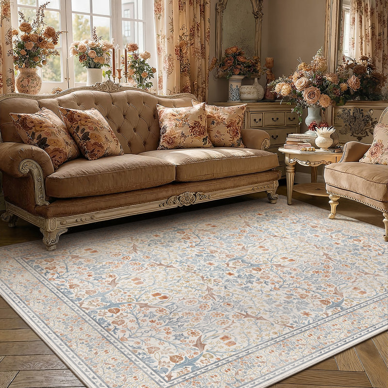  Alora Machine Washable Floral Area Rug With Non-Slip Backing, Rectangle 5' x 7', Beige, 0.35"