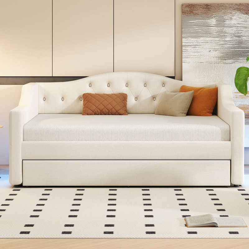 Upholstered Full XL Size Daybed With LED Belt And Trundle,Beige, Full
