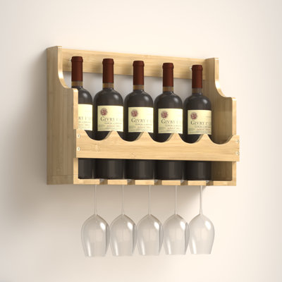 Casier à vin mural en bois massif avec porte-verres à pied