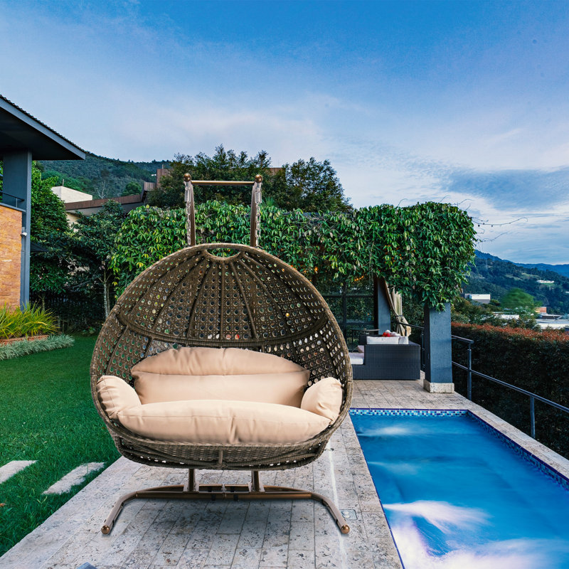 2-Person Wicker Double Outdoor Egg Chair With Stand And UV-Resistant Cushions,Extra-Wide Double Hanging Swing Chair For Patio, Backyard Or Indoor Sunroom