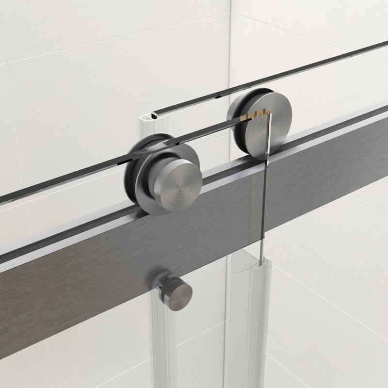 Double porte de douche coulissante sans cadre en nickel brossé avec fermeture en douceur et verre transparent de 3/8 po