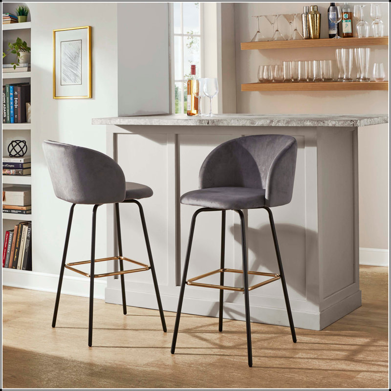 Tabouret de bar pivotant à hauteur fixe - Structure en métal noir avec velours gris et repose-pieds doré (ensemble de 2)