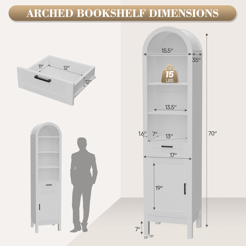 70" Arched Bookcase With Drawer And Cabinet, 6-tier Tall Bookshelf With Adjustable Shelf And Open Display Storage, Modern Wood Bookcase For Living Room Or Office (white)