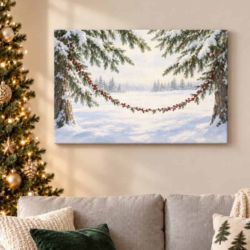 Snowy Pine Trees Framing Winter Scene With Red Christmas Canvas Wall Art, H 12 po x l 18 po