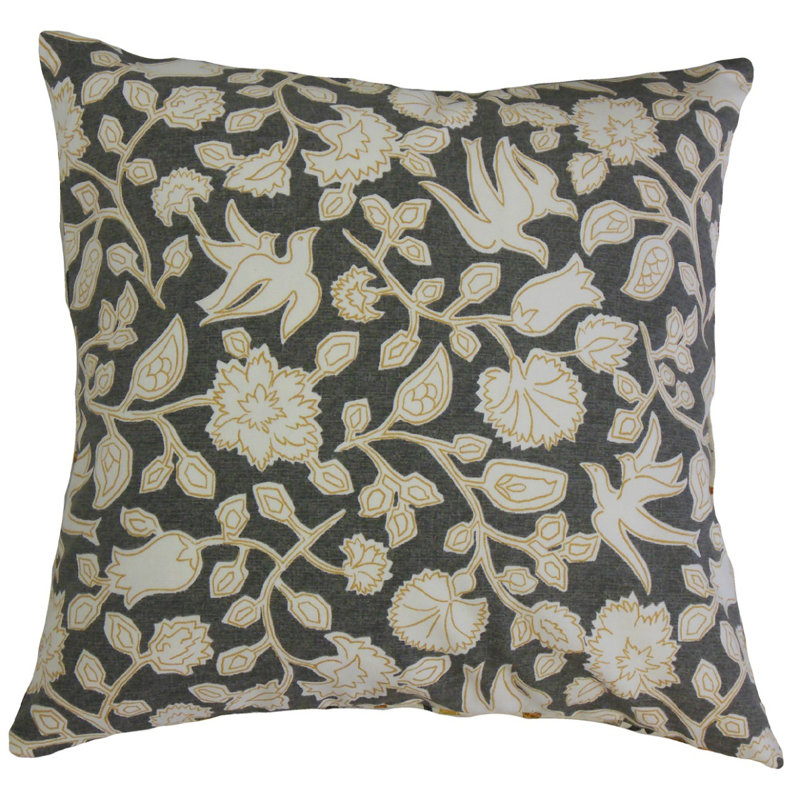 Xylia Floral Cotton Pillow, Graphite, 16" x 16", Square