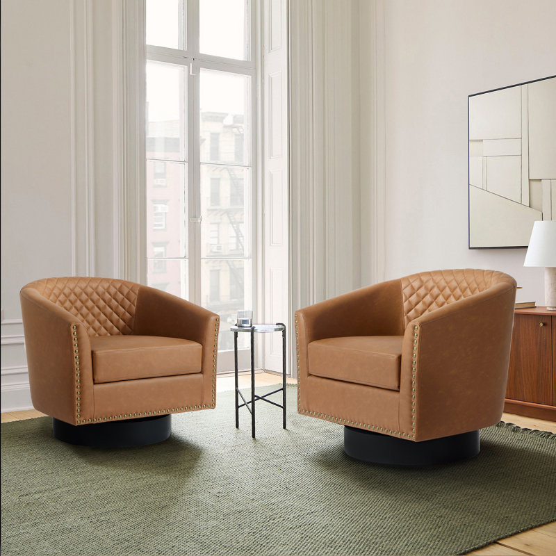 Bennett Upholstered Coffee Faux Leather Tufted Barrel Small Swivel Chair with Nailhead Trim, Coffee Faux Leather