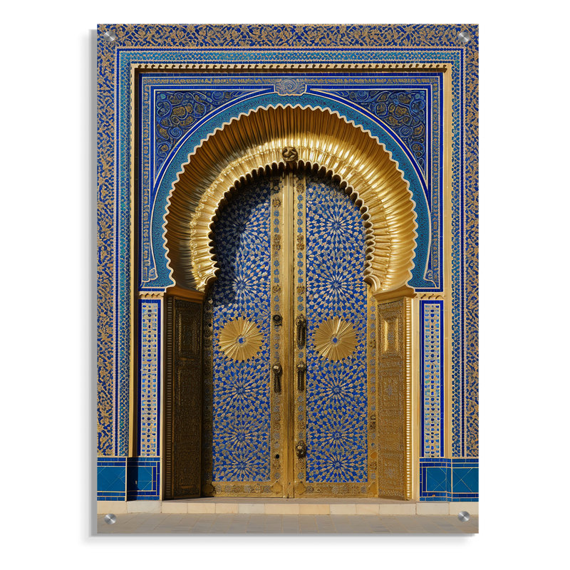 Morroco Palace Golden Doors II - campagne, art mural acrylique, H 20 po x l 12 po