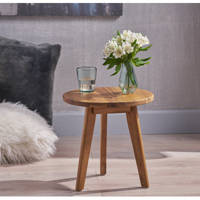 Table de bout ronde en bois d'acacia, table d'appoint à 3 pieds fabriquée à la main pour le salon, table d'appoint moderne et amusante pour les petits espaces