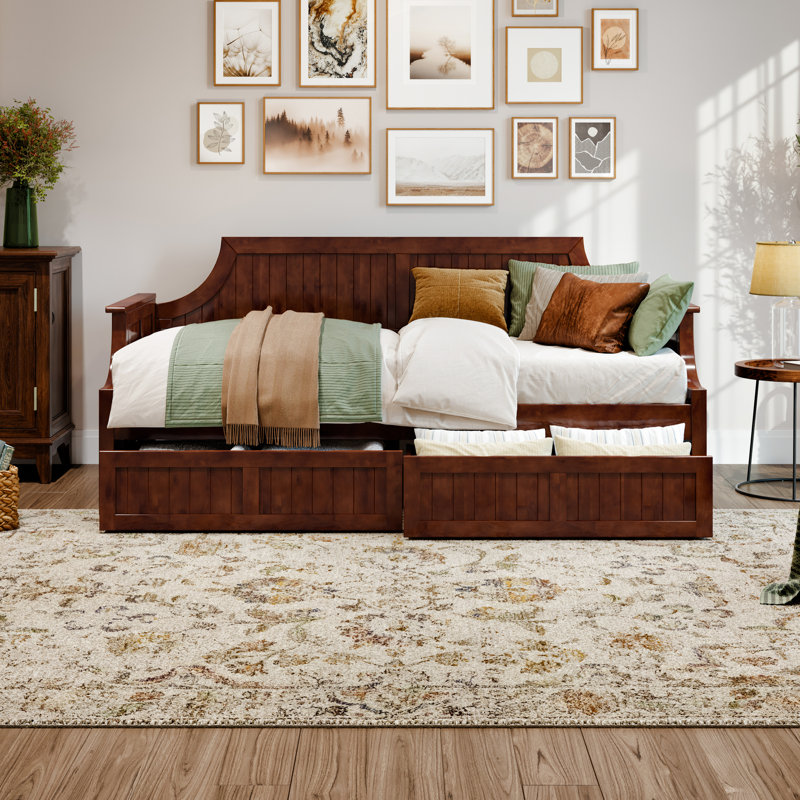Antavious Coastal Cottage Solid Wood Twin Daybed with Storage Drawers, Walnut
